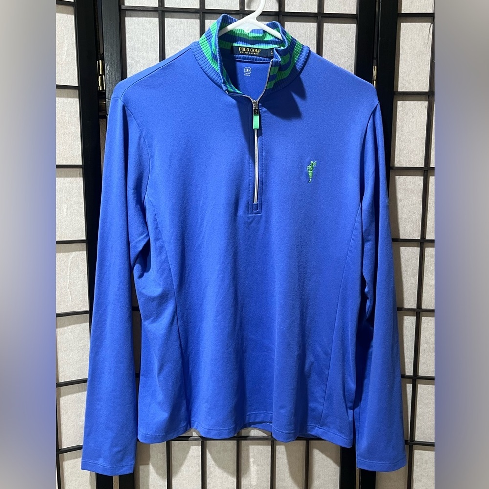 Polo Golf Blue RALPH LAUREN Quarter-Zip Pullover with Green Trim, WOMEN SIZE L